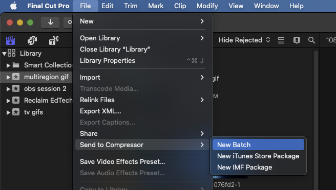 A screenshot of Final Cut Pro&rsquo;s Filie menu