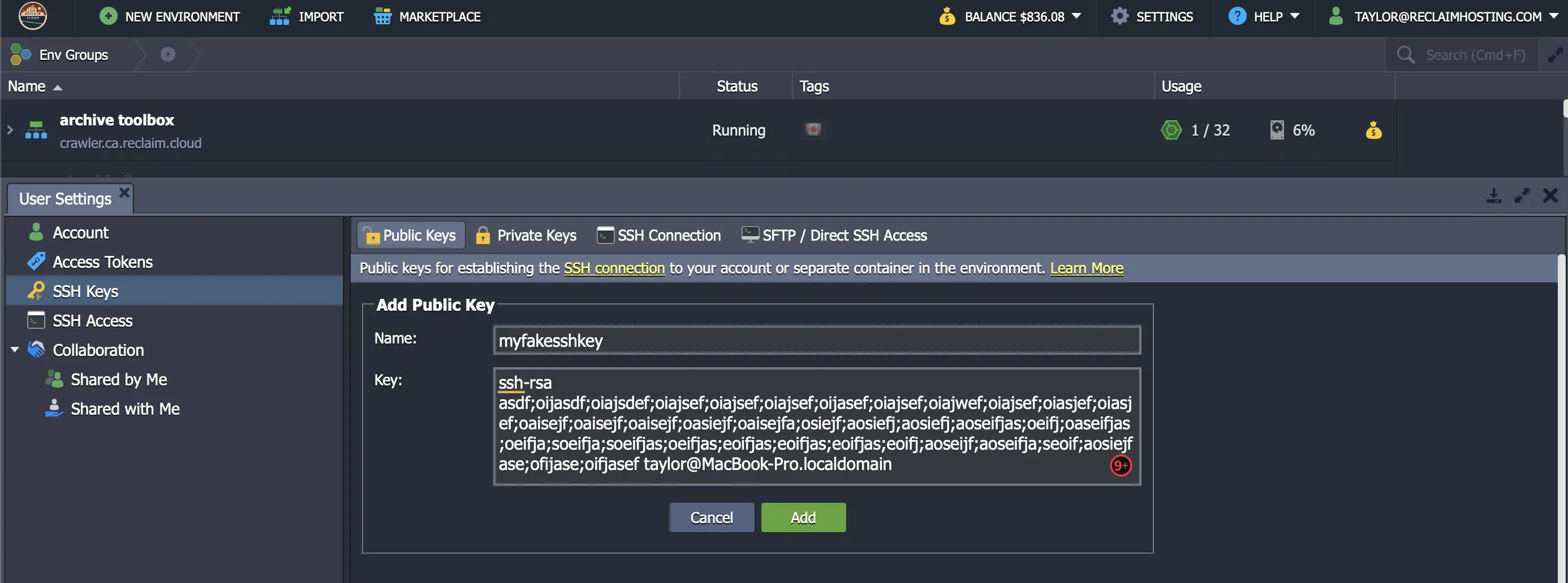 Screenshot of Jelastic&rsquo;s Public Key screeen