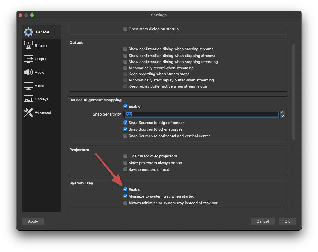 Screenshot of the OBS settings window