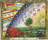 Modern colorized version of the Flammarion engraving, originally drawn by an unknown artist. Also featured in the Cosmos article, serving "as a metaphorical illustration of the scientific or mystical quests for knowledge." For an alternative colorized version, see the Western esotericism page.
