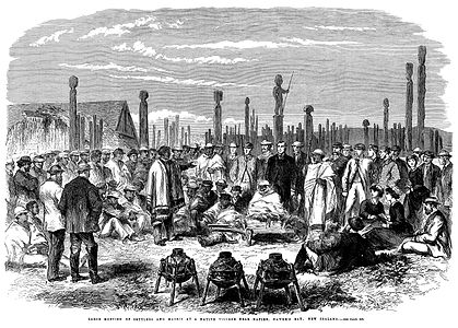 Meeting of settlers and Maori at Hawke's Bay Province, New Zealand, by M. Jackson (edited by Adam Cuerden)