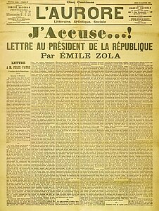 Front page cover of the newspaper L’Aurore of Thursday 13 January 1898, with the letter J’accuse...!, written by Émile Zola