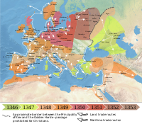 Map showing the spread of the Black Death in Europe between 1346 and 1353. Interesting geopolitical boundary starting near present day Odesa Ukraine and following the Dnipro River north, following the border between Principality_of_Kiev and the Golden_Horde, across which passage by Christians was prohibited.