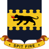 An insignia with a dark four-legged feline breathing fire on a yellow background. There is a blue artistic border at the top and bottom. Below a banner reads "Spit fire".