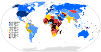 Internet penetration world map: number of users as a % of each country's population as of 2015. Shows a distinct gradient based on latitude with more equatorial countries having lower values. The impact of political divisions in New Guinea also jump out.