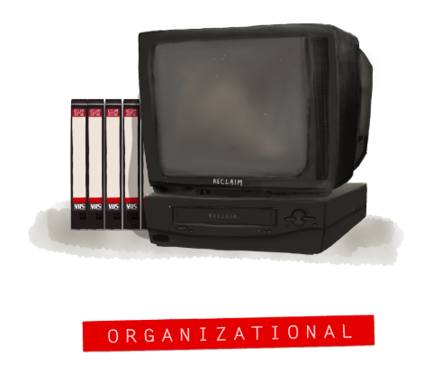 A vintage TV and VHS player are stacked with four VHS tapes beside them. The word "Organizational Plan" is bolded in red below.