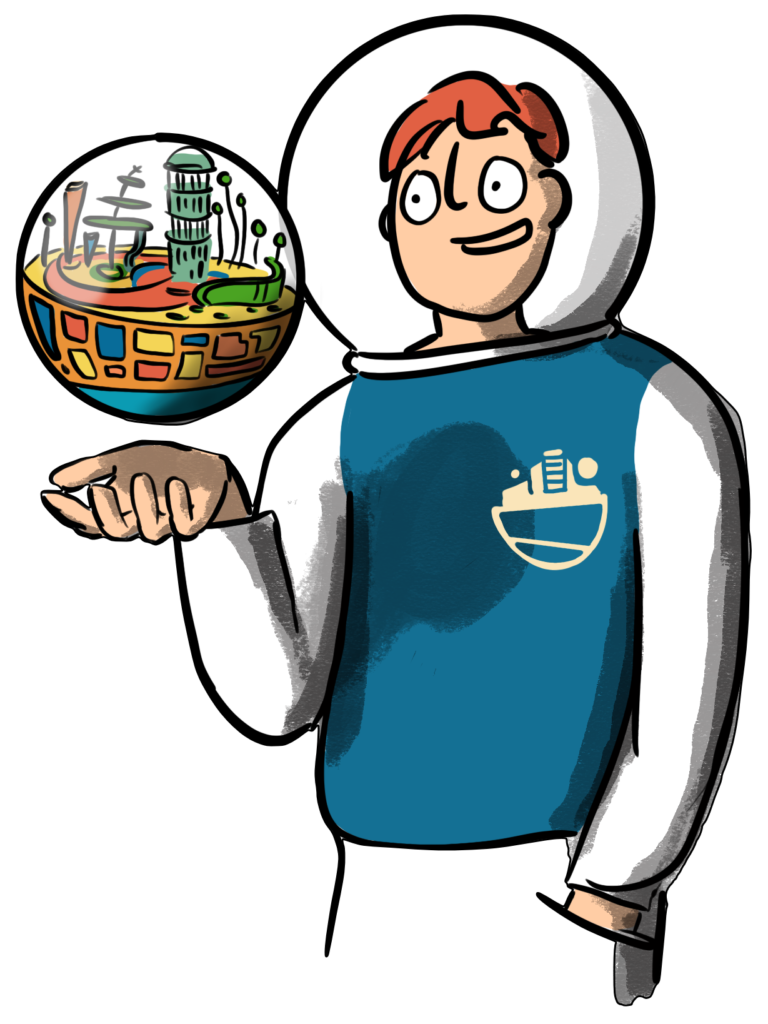 Cartoon futuristic man holding a floating globe with a city inside