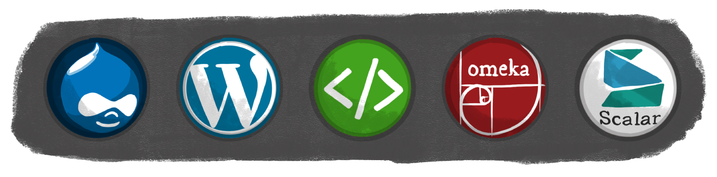 Available application logos including Drupal, WordPress, html, Omeka, and Scalar