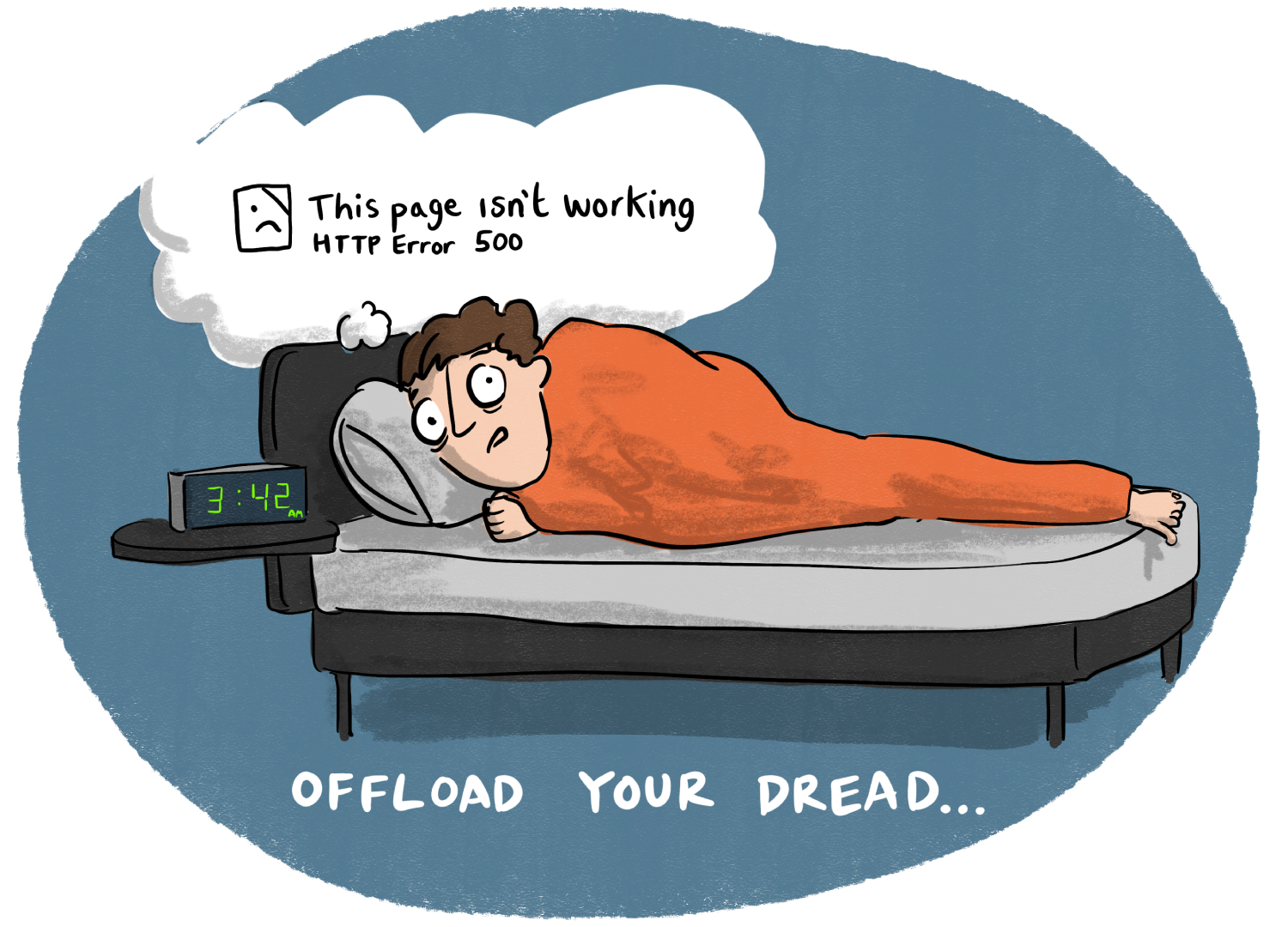 Cartoon with worried man laying in bed thinking about the error message "This page isn't working HTTP Error 500" with the caption "Offload Your Dread"