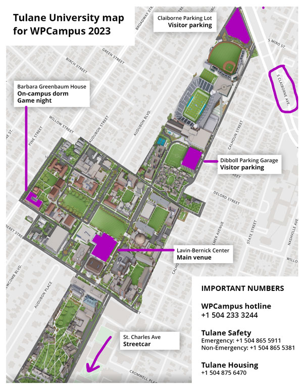 A layout of Tulane's campus map highlighting our venues