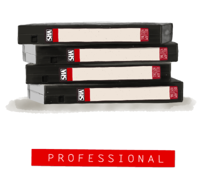 Four stacked VHS tapes with the words 'Professional plan' below