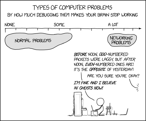 A chart titled 'Types of Computer Problems, by how much debugging them makes your brain stop working,' with a scale from 'None' to 'Some' to 'A lot.' A blob labeled 'Normal problems' sits near the low end, while a small blob labeled 'Networking problems' sits at the far high end. Below, a person at a computer says: 'Before noon, odd-numbered packets were laggy, but after noon, even-numbered ones are! It's the opposite of yesterday!' An off-panel voice asks, 'Are you sure you're okay?' The person replies, 'I'm fine and I believe in ghosts now!'