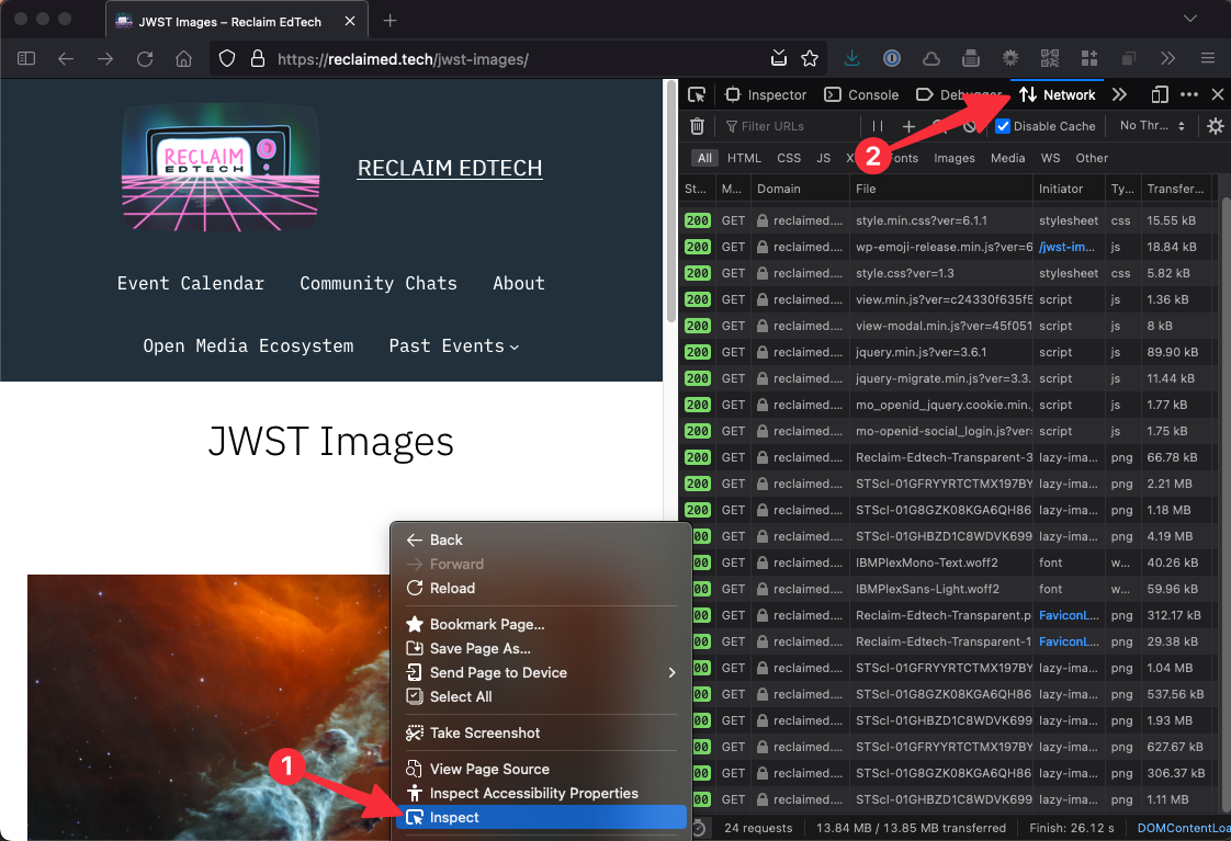 Browser developer tools Network panel displaying page requests and loading times for website resources.