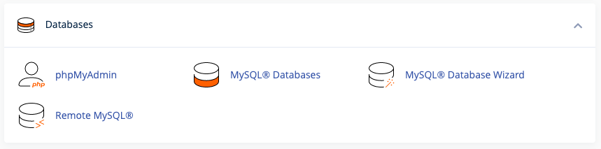 cPanel Databases section showing tools for managing MySQL databases, database users, and phpMyAdmin.