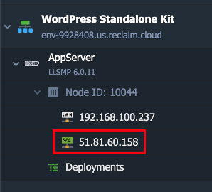 Screenshot of an example WordPress environment in Reclaim Cloud with IPs visible