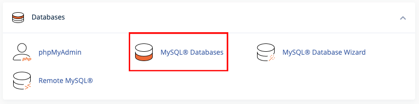 MySQL Databases interface in cPanel showing sections for creating databases, managing users, and assigning user permissions.
