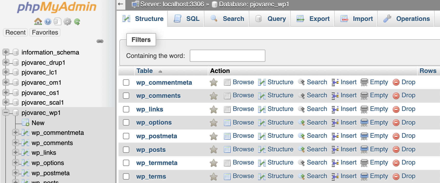 Example of a phpMyAdmin interface that has tables present in the structures page, showing that it is not empty.