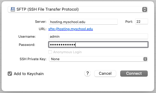 The Cyberduck interface showing the Host, Username, and Password fields populated for an SFTP connection.