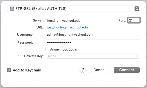 The FileZilla site manager interface showing the Host, Username, and Password fields populated for an FTP-SSL connection.