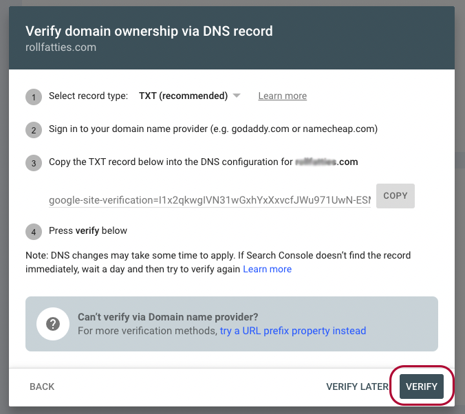 Google Search Console verification screen with the Verify button used to confirm domain ownership.