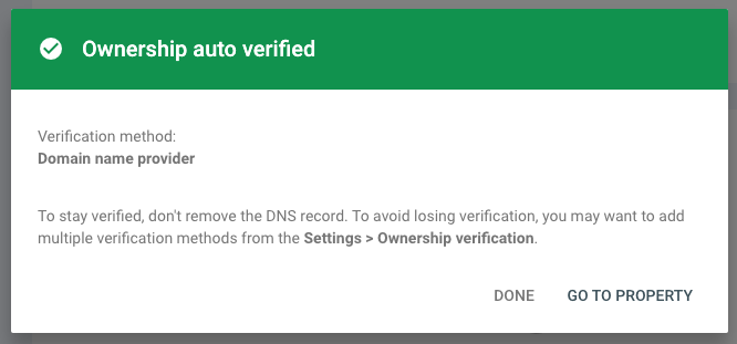 Google Search Console confirmation message indicating successful domain verification.