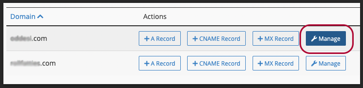 Zone Editor listing domains with the Manage option for editing DNS records.