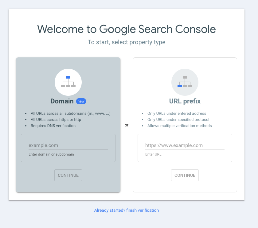 Google Search Console welcome screen showing the option to add a domain property for verification.