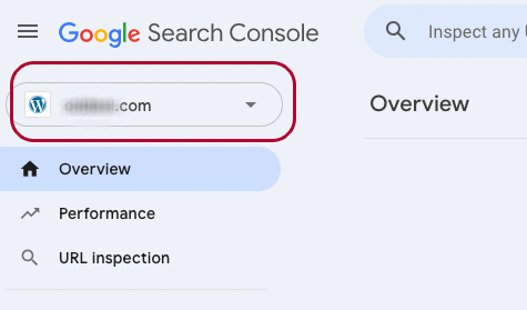 Google Search Console property selector menu showing the porpety drop down menu in the top of the sidebar menu.