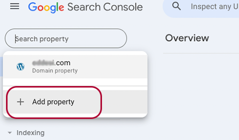 Google Search Console property selector menu with an existing property selected.