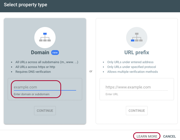 Google Search Console property menu displaying the Add Property option.