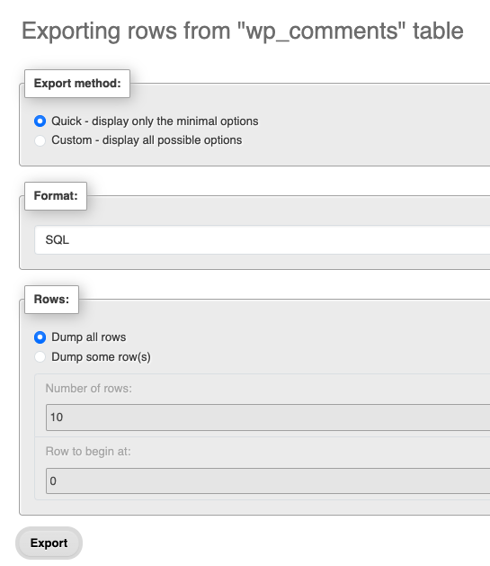 A wide crop of the top navigation bar in phpMyAdmin, highlighting the active Export tab.