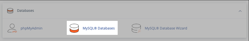 The cPanel dashboard interface, highlighting the standard MySQL Databases icon within the Databases section.