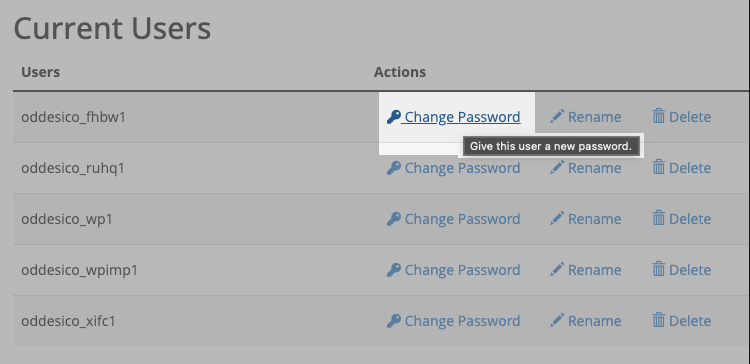 The Current Users table at the bottom of the MySQL Databases page, showing user accounts alongside action options with a focus on the Change Password link.