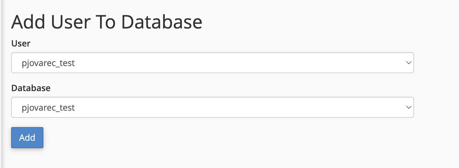 Add User to Database section with database and user selected from dropdown menus before assigning permissions.