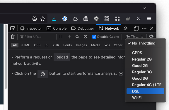 Network panel with a throttled connection selected to test website performance under slower network conditions.