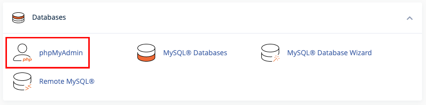 The cPanel dashboard interface, highlighting the phpMyAdmin icon located under the Databases section.